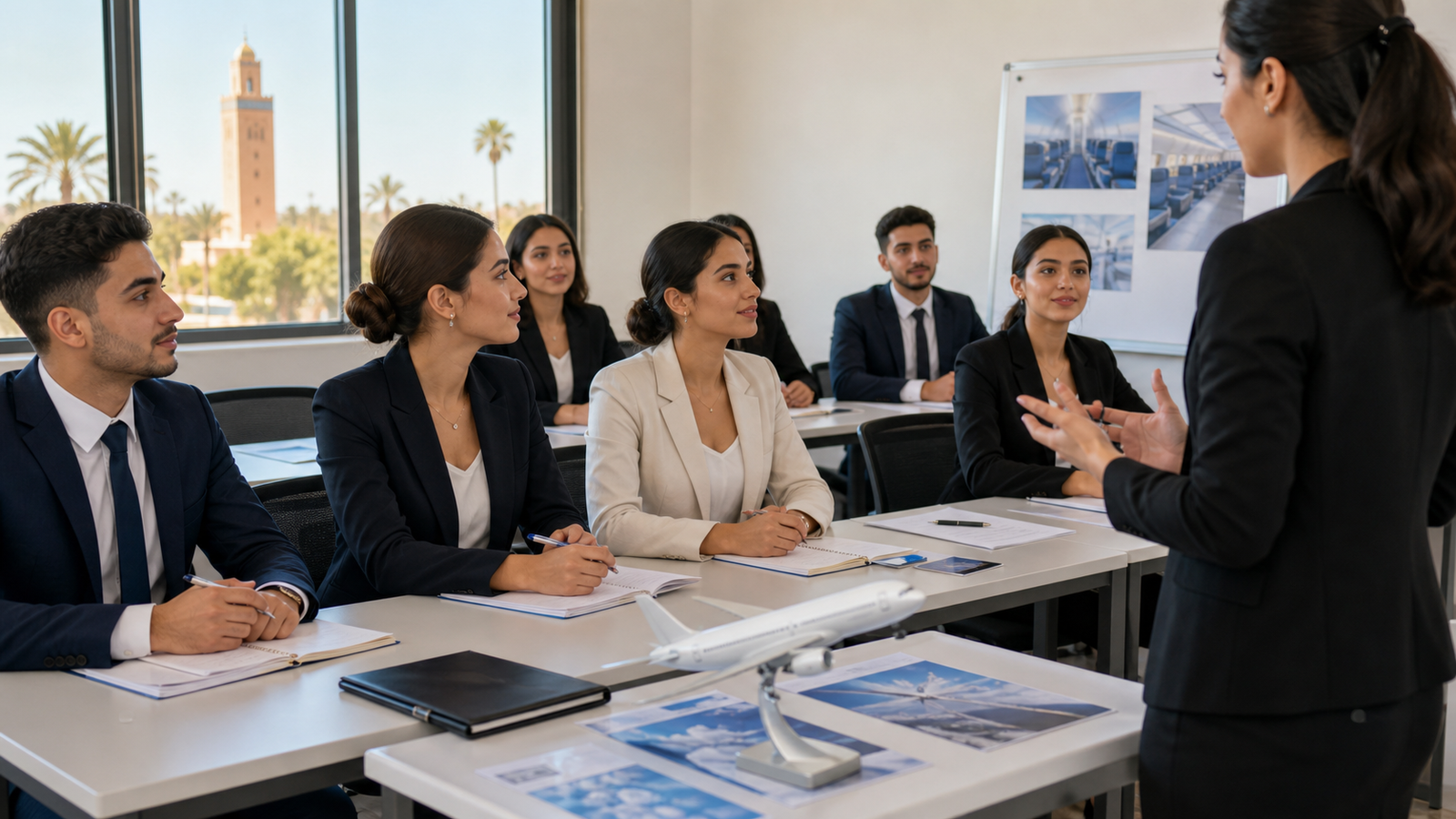 Candidats cabin crew en formation professionnelle à Marrakech avec Flyway Training Center